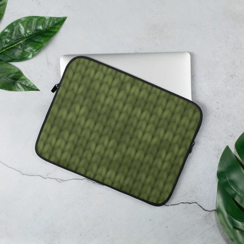 Forest Green Knit Texture Laptop Sleeve — seamless olive green knitted wool stitch pattern with interlocking loops and soft