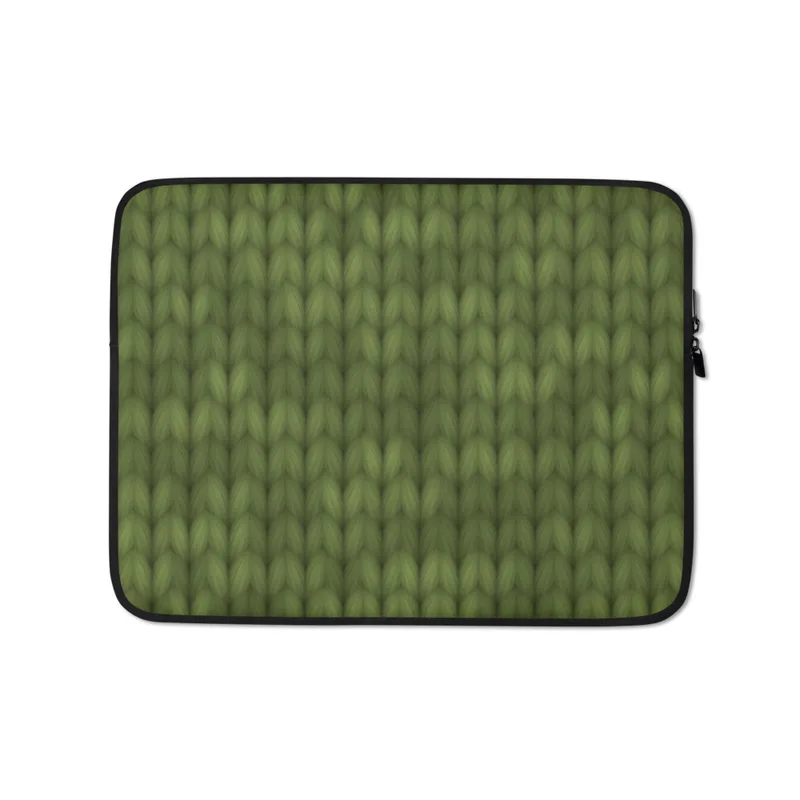 Forest Green Knit Texture Laptop Sleeve — seamless olive green knitted wool stitch pattern with interlocking loops and soft