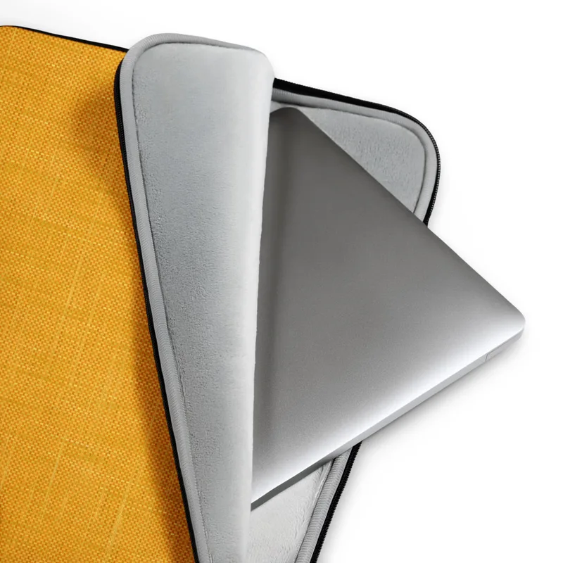 Golden Linen Texture Laptop Sleeve — close-up woven linen fabric texture in warm amber and marigold tones with subtle thread