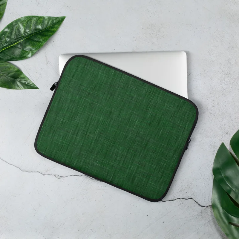 Forest Green Linen Texture Laptop Sleeve — close-up woven linen textile texture in deep forest green with subtle tonal