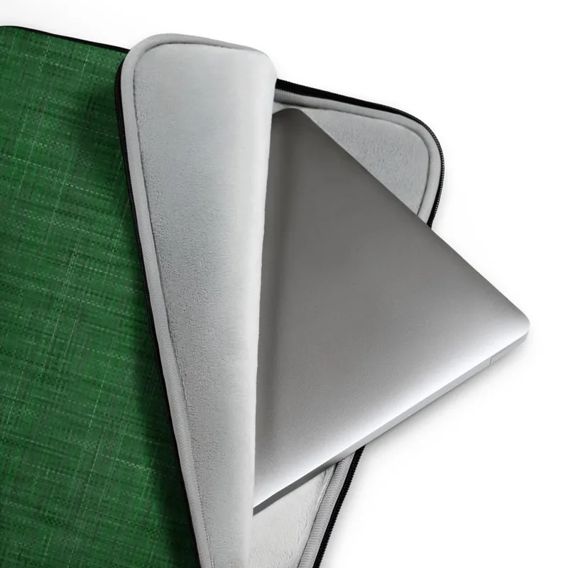 Forest Green Linen Texture Laptop Sleeve — close-up woven linen textile texture in deep forest green with subtle tonal