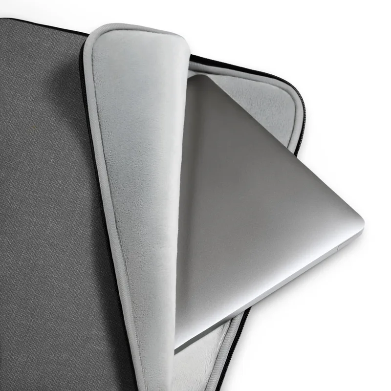 Slate Gray Linen Laptop Sleeve — close-up woven linen textile in muted slate gray with subtle charcoal thread variation