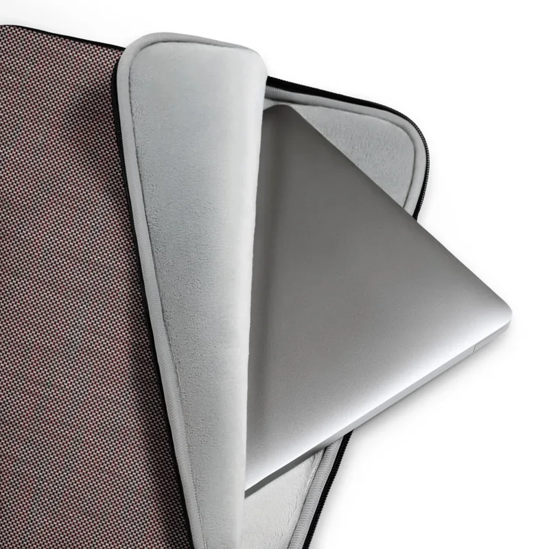 Dark Woven Texture Laptop Sleeve — fine dark checkerboard woven pattern in deep charcoal with warm burgundy and taupe