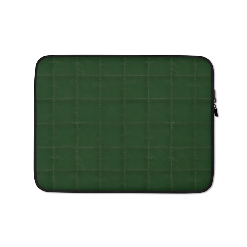 Forest Green Quilted Classic Laptop Sleeve — deep forest green quilted fabric with a uniform grid of precise stitching lines