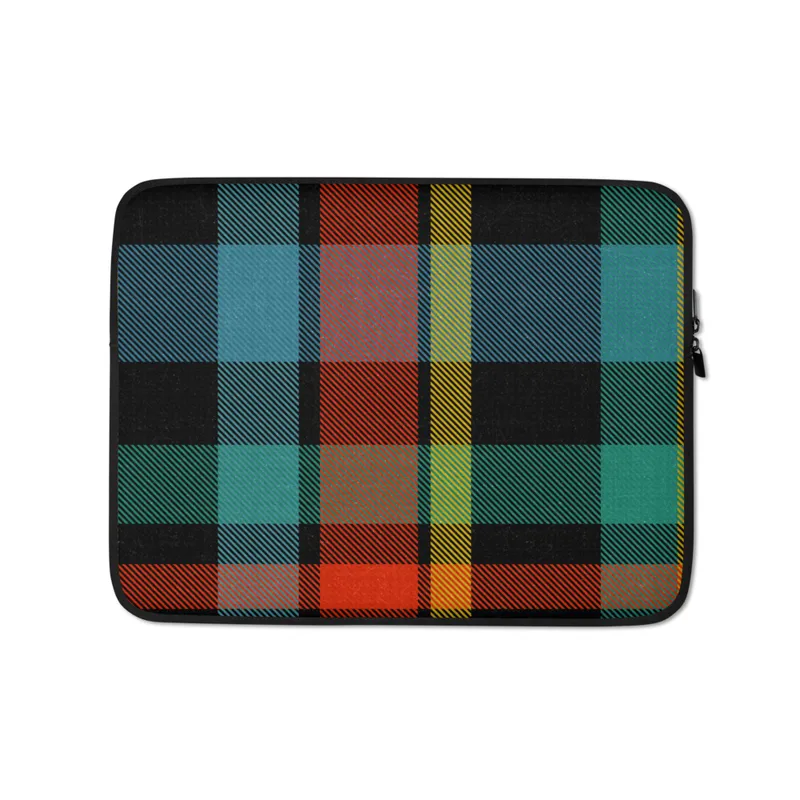 Bold Highland Plaid Laptop Sleeve — vibrant tartan plaid pattern with intersecting bands of black, teal, fiery orange-red