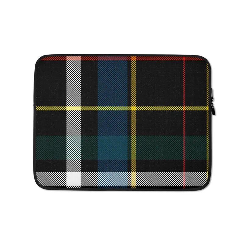Highland Spirit Tartan Laptop Sleeve — classic Scottish tartan plaid with black background and bold crossing stripes