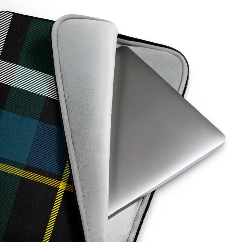 Highland Spirit Tartan Laptop Sleeve — classic Scottish tartan plaid with black background and bold crossing stripes