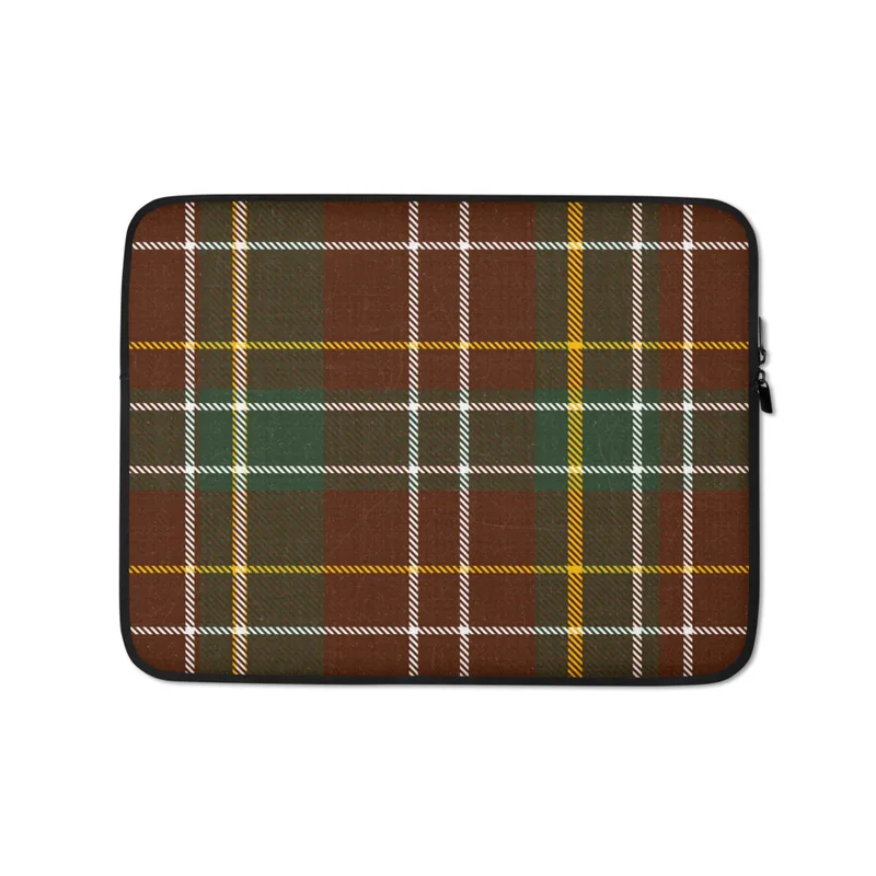 Tartan Highland Plaid Laptop Sleeve — classic tartan plaid with deep crimson red background, forest green blocks