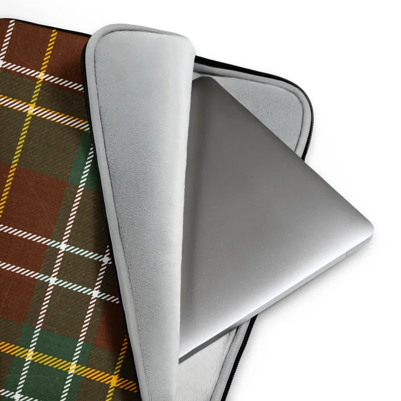 Tartan Highland Plaid Laptop Sleeve — classic tartan plaid with deep crimson red background, forest green blocks