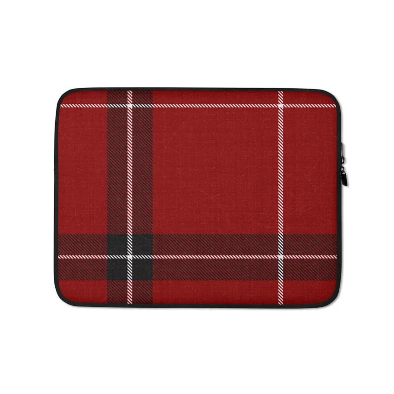 Crimson Highland Plaid Laptop Sleeve — classic red tartan fabric pattern with bold black bands and thin white pinstripes