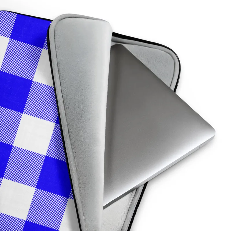 Classic Blue Gingham Laptop Sleeve — classic large-scale gingham pattern in vivid cobalt blue and white with a traditional