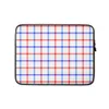 American Plaid Laptop Sleeve — red and blue intersecting plaid stripes on a white background forming a classic American