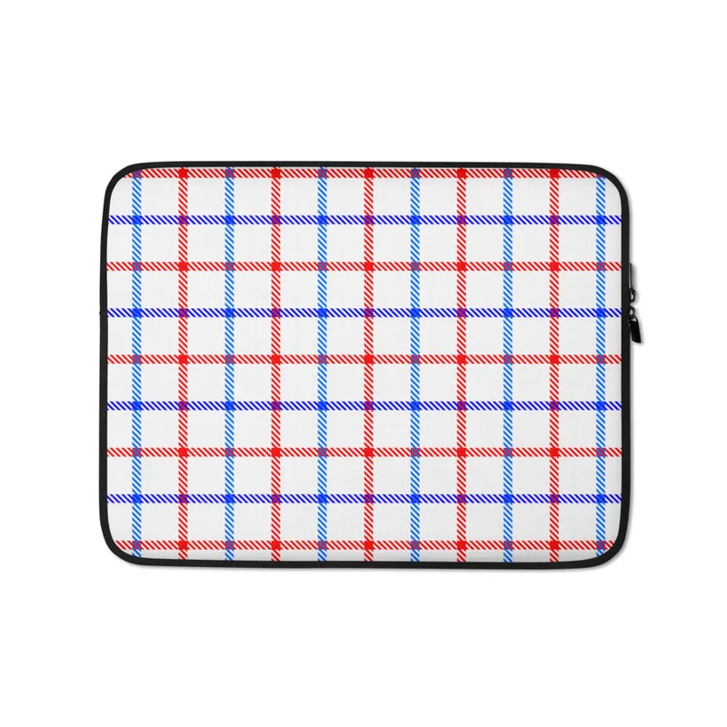American Plaid Laptop Sleeve — red and blue intersecting plaid stripes on a white background forming a classic American