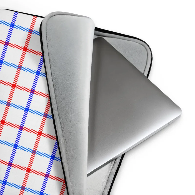American Plaid Laptop Sleeve — red and blue intersecting plaid stripes on a white background forming a classic American