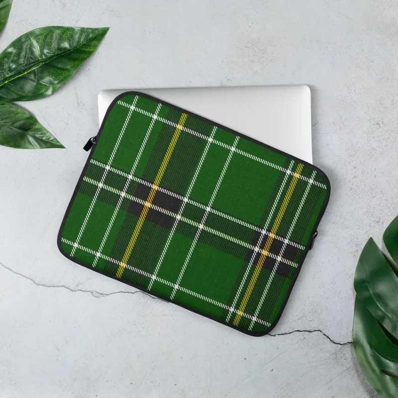 Celtic Green Tartan Laptop Sleeve — classic woven tartan pattern in deep forest green with intersecting black, white
