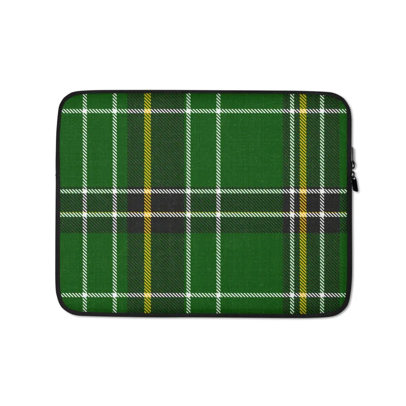 Celtic Green Tartan Laptop Sleeve — classic woven tartan pattern in deep forest green with intersecting black, white