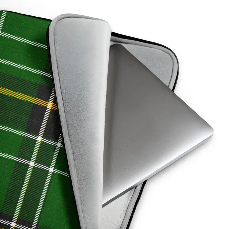Celtic Green Tartan Laptop Sleeve — classic woven tartan pattern in deep forest green with intersecting black, white
