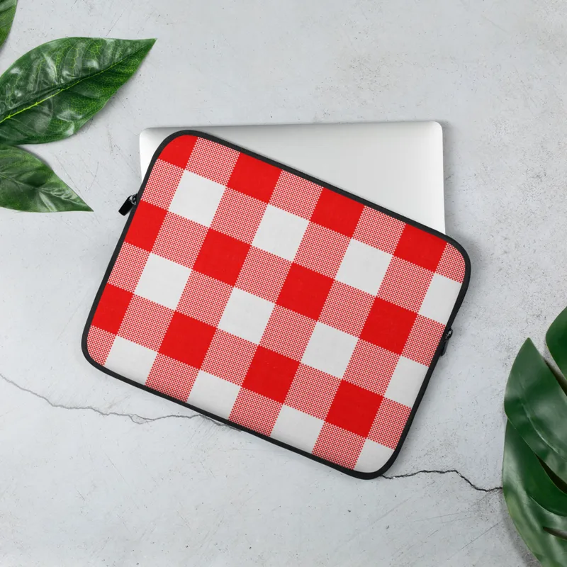 Classic Red Gingham Laptop Sleeve — large-scale red and white gingham check pattern in a traditional woven textile style
