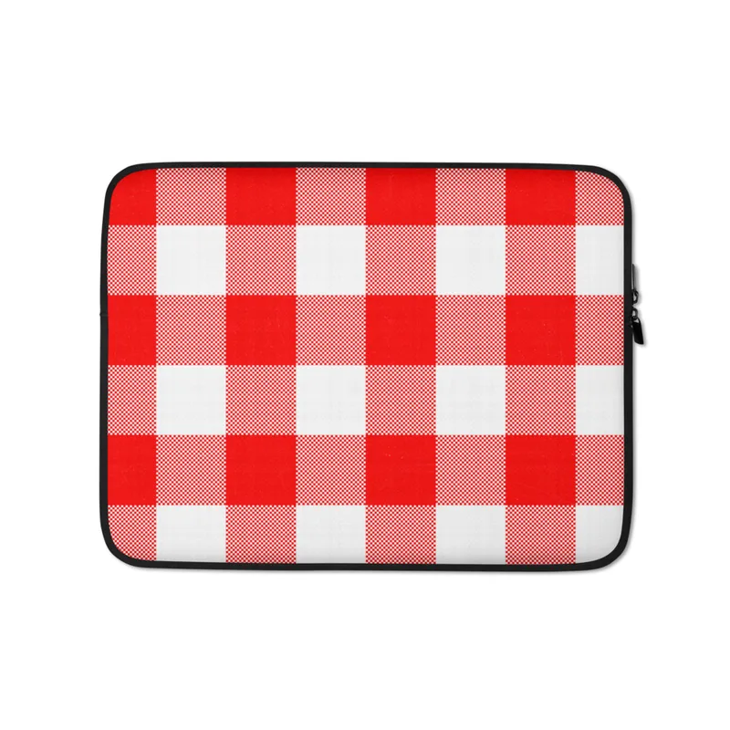 Classic Red Gingham Laptop Sleeve — large-scale red and white gingham check pattern in a traditional woven textile style