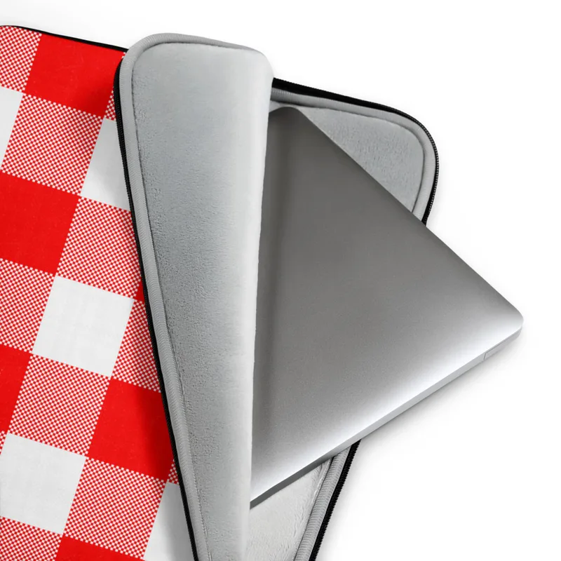 Classic Red Gingham Laptop Sleeve — large-scale red and white gingham check pattern in a traditional woven textile style