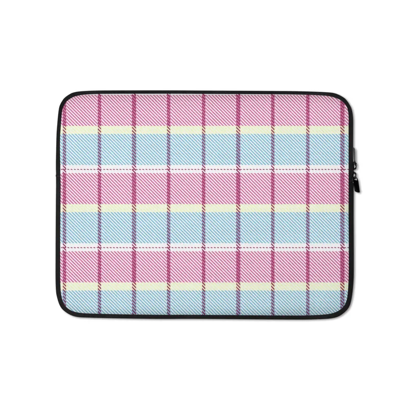 Pastel Plaid Laptop Sleeve — pastel tartan plaid pattern with sky blue, blush pink, pale yellow, and bold magenta and violet