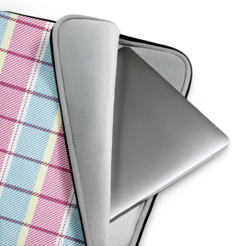 Pastel Plaid Laptop Sleeve — pastel tartan plaid pattern with sky blue, blush pink, pale yellow, and bold magenta and violet