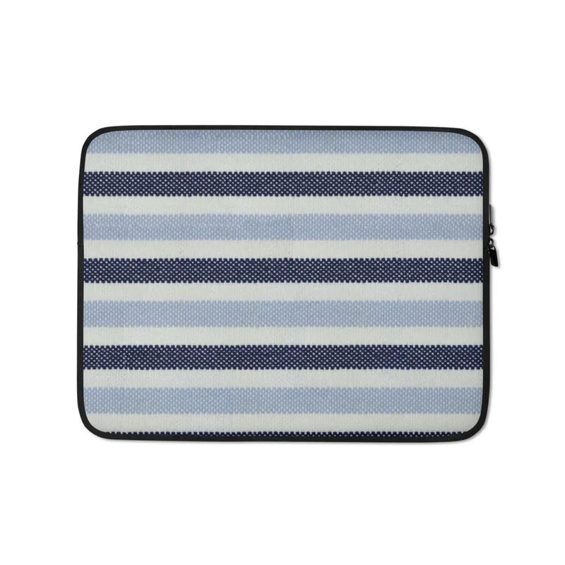 Nautical Stripe Laptop Sleeve — horizontal woven stripes in alternating navy, powder blue, and white in a classic maritime