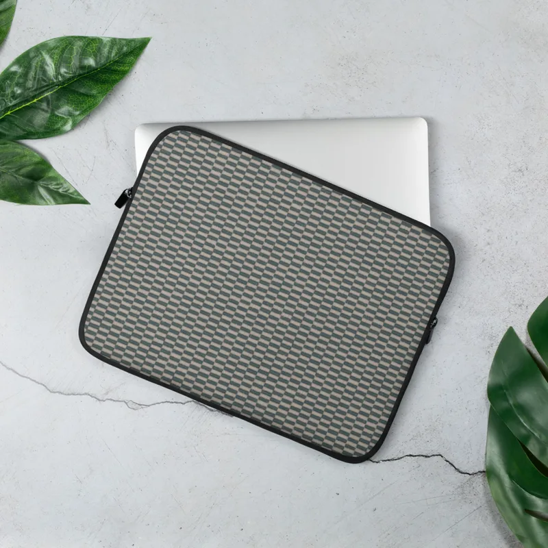 Coastal Weave Texture Laptop Sleeve — tightly woven checkerboard textile pattern in slate teal and warm beige with fine