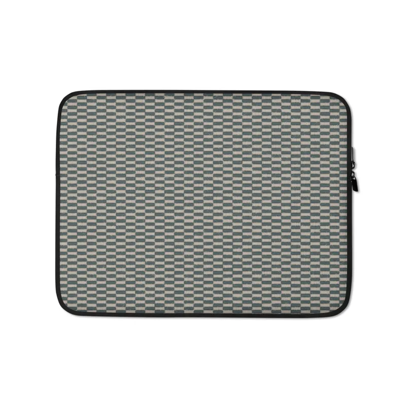 Coastal Weave Texture Laptop Sleeve — tightly woven checkerboard textile pattern in slate teal and warm beige with fine