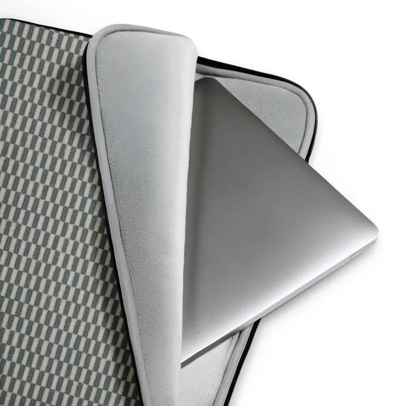 Coastal Weave Texture Laptop Sleeve — tightly woven checkerboard textile pattern in slate teal and warm beige with fine