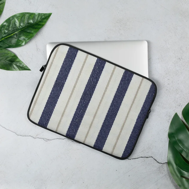 Nautical Ticking Stripe Laptop Sleeve — vertical navy and cream ticking stripes with thin taupe accent lines on a woven