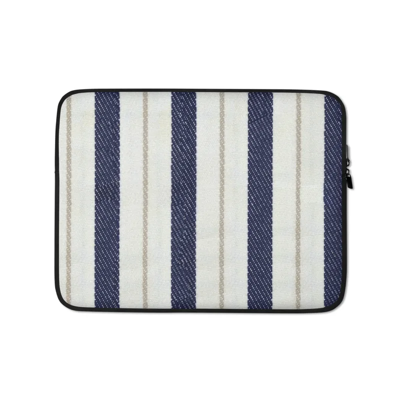 Nautical Ticking Stripe Laptop Sleeve — vertical navy and cream ticking stripes with thin taupe accent lines on a woven
