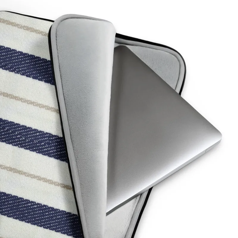 Nautical Ticking Stripe Laptop Sleeve — vertical navy and cream ticking stripes with thin taupe accent lines on a woven