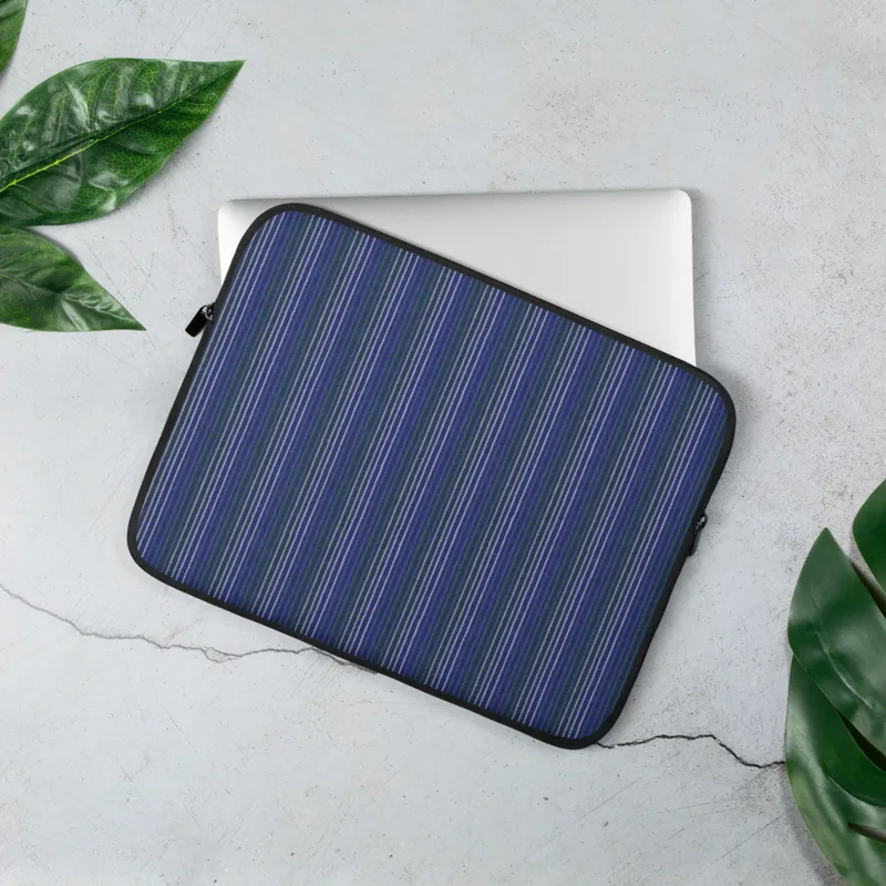 Bold Stripe Classic Laptop Sleeve — vertical pinstripes in cobalt blue, forest green, and white repeating across a deep navy