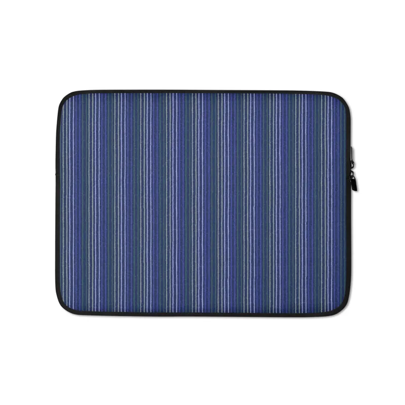 Bold Stripe Classic Laptop Sleeve — vertical pinstripes in cobalt blue, forest green, and white repeating across a deep navy