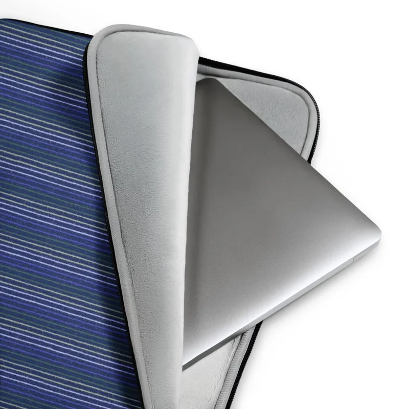 Bold Stripe Classic Laptop Sleeve — vertical pinstripes in cobalt blue, forest green, and white repeating across a deep navy