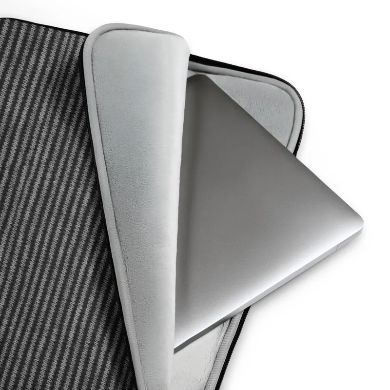 Classic Charcoal Stripe Laptop Sleeve — tight horizontal knit stripe pattern in alternating charcoal and silver-grey tones
