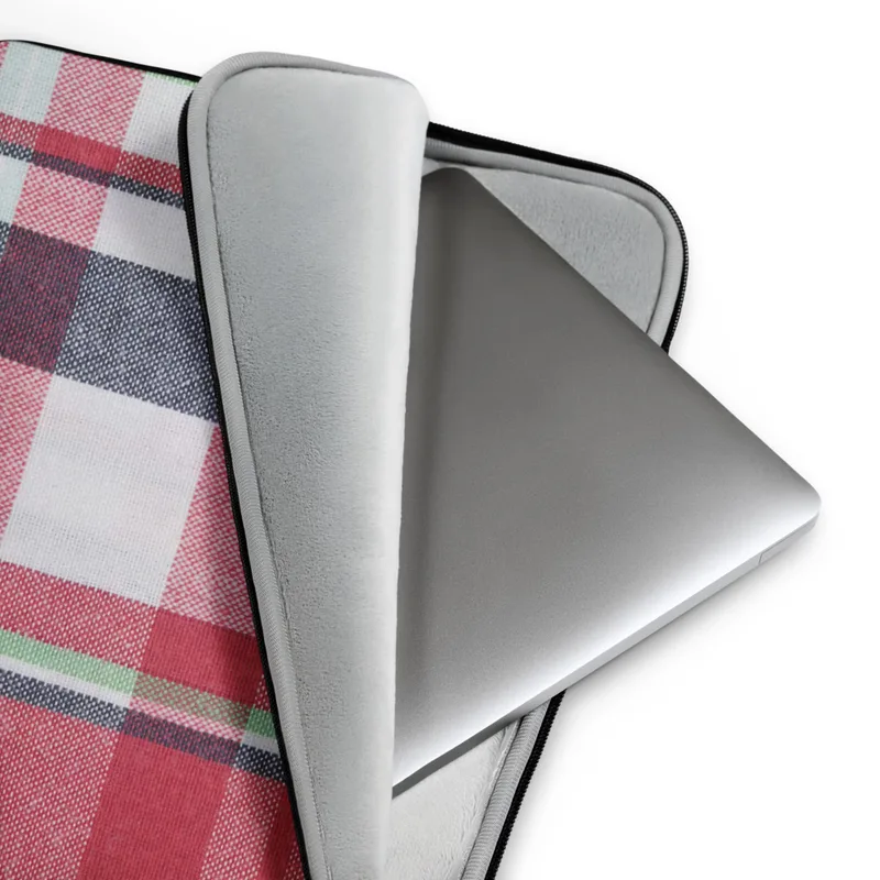 Classic Plaid Laptop Sleeve — red, navy, forest green, and white woven tartan plaid check pattern with layered intersecting