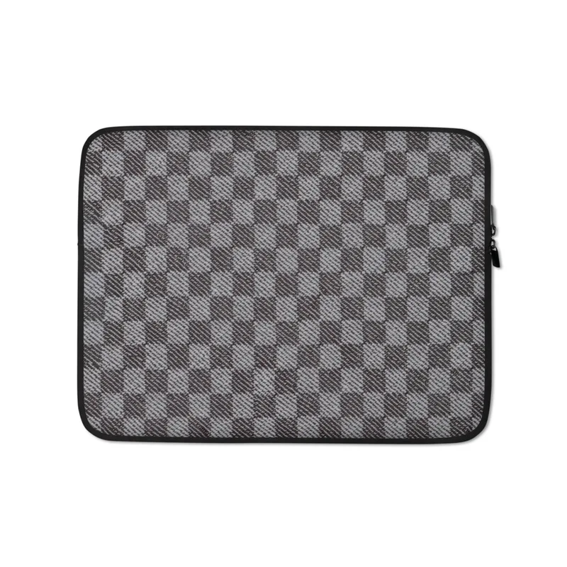 Charcoal Flannel Check Laptop Sleeve — close-up woven check pattern in charcoal and light grey with diagonal twill texture