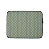 Garden Lattice Woven Laptop Sleeve — basket-weave grid pattern in sage and mint green with fine vertical stripes of navy
