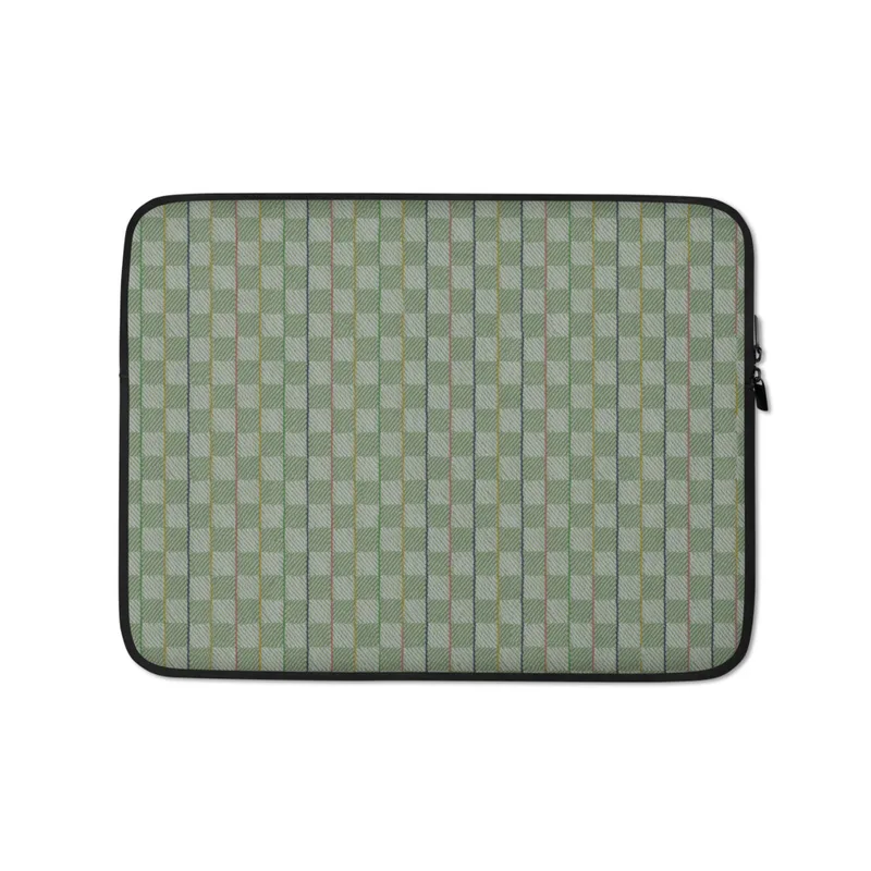 Garden Lattice Woven Laptop Sleeve — basket-weave grid pattern in sage and mint green with fine vertical stripes of navy