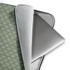 Garden Lattice Woven Laptop Sleeve — basket-weave grid pattern in sage and mint green with fine vertical stripes of navy