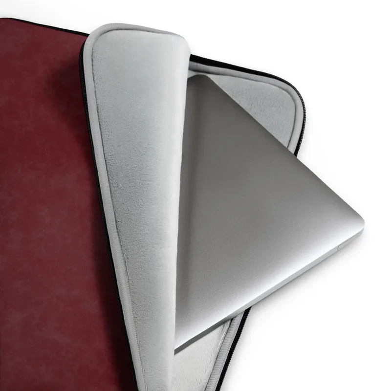 Deep Crimson Velvet Laptop Sleeve — rich marbled crimson and deep wine-red texture with subtle tonal variations on a dark