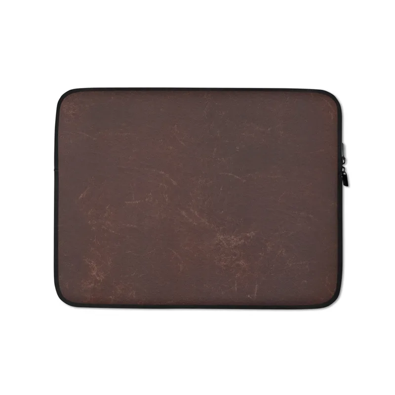Copper Vintage Distressed Leather Laptop Sleeve — close-up of aged dark brown leather with natural creasing and copper-toned