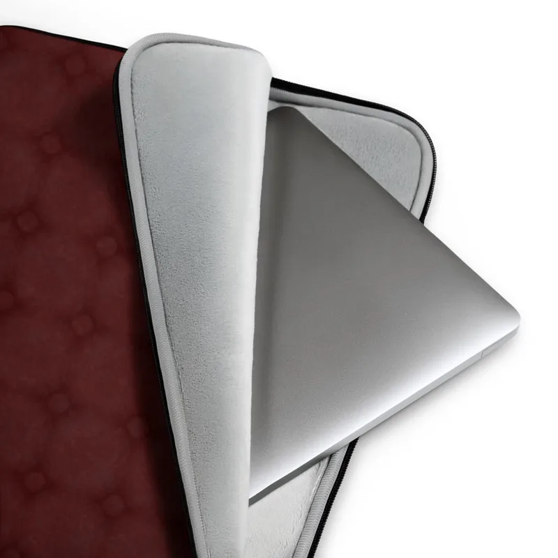 Crimson Lattice Velvet Laptop Sleeve — repeating diamond lattice pattern in deep crimson and dark wine tones with a soft