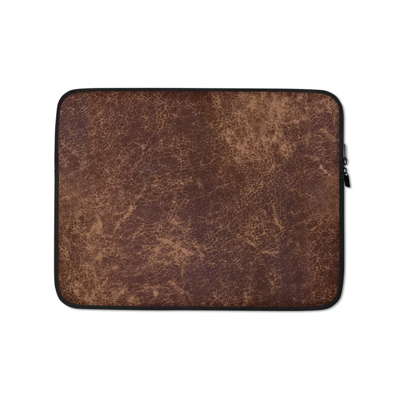 Crackle Vintage Distressed Leather Laptop Sleeve — aged leather surface with deep burgundy base, fine crackle veining
