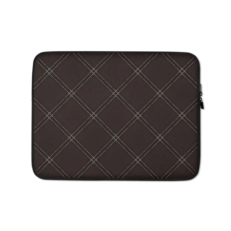 Leather Dark Diamond Quilted Laptop Sleeve — diagonal double-stitched diamond grid pattern in silver-grey lines on a deep