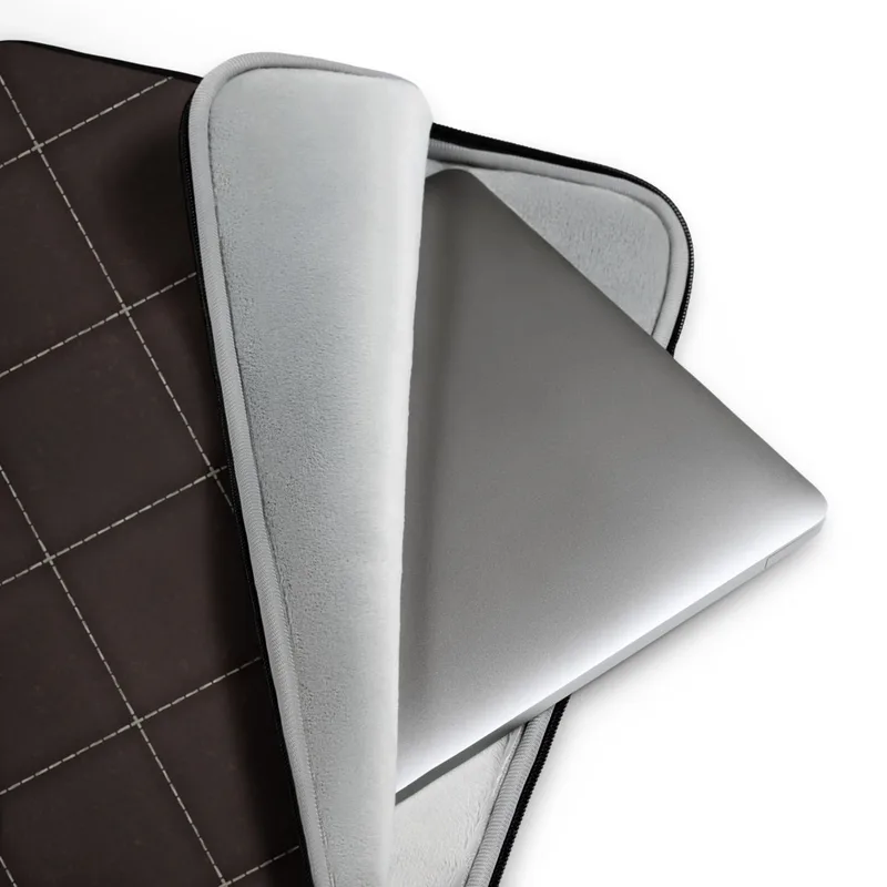 Espresso Dark Diamond Quilted Laptop Sleeve — diagonal diamond grid with dashed stitch lines and cross accents on a deep