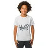 Ash Huh? Say That Again, front view — bold hand-lettered word Huh followed by a question mark in dark navy blue on a warm