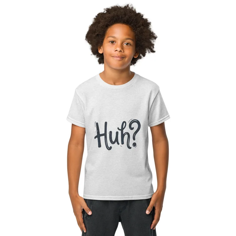 Ash Huh? Say That Again, front view — bold hand-lettered word Huh followed by a question mark in dark navy blue on a warm